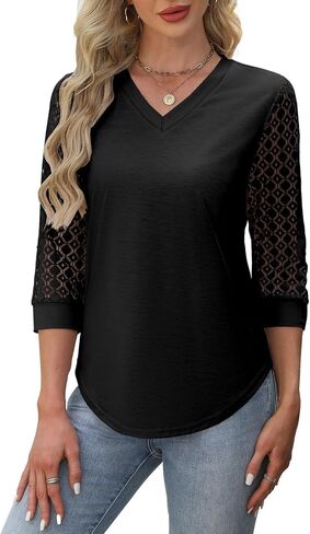 بلوزات نسائية صيفية بأكمام 3/4 بلوزات أنيقة قمصان غير رسمية للنساء موضة الربيع تيشيرتات دانتيل برقبة على شكل V in Kuwait