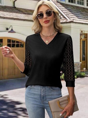 بلوزات نسائية صيفية بأكمام 3/4 بلوزات أنيقة قمصان غير رسمية للنساء موضة الربيع تيشيرتات دانتيل برقبة على شكل V in Kuwait