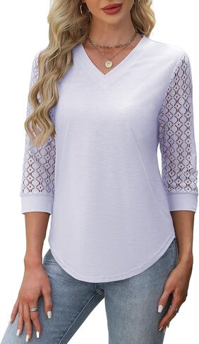 Womens Summer Tops 3/4 Length Sleeve Blouses Dressy Casual Shirts for Women Spring Fashion Ladies V Neck Lace Tshirts in Saudi Arabia