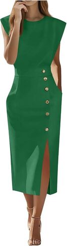 Women's Formal Dresses Fashion Dressy Business Casual Work Cap Sleeve Crewneck Side Slit Maxi Dress with Pockets in Kuwait