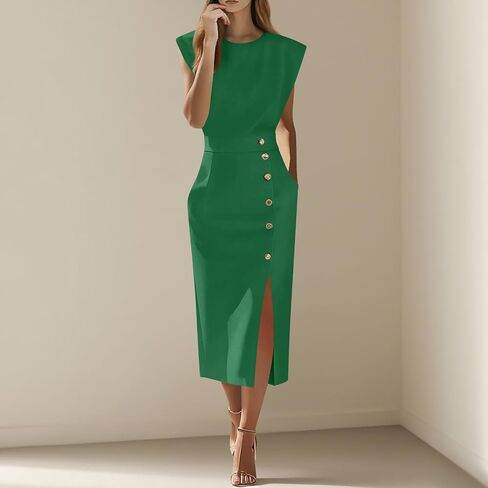 Women's Formal Dresses Fashion Dressy Business Casual Work Cap Sleeve Crewneck Side Slit Maxi Dress with Pockets in Kuwait