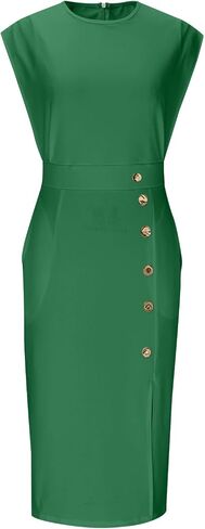 Women's Formal Dresses Fashion Dressy Business Casual Work Cap Sleeve Crewneck Side Slit Maxi Dress with Pockets in Kuwait