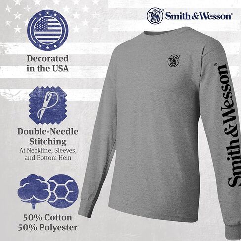 Smith and Wesson® Officially Licensed Men's Solid Graphic T-Shirt, American Flag and S&W Long-Sleeve Logo Classic Tee in Saudi Arabia