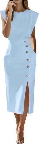 Women's Formal Dresses Fashion Dressy Business Casual Work Cap Sleeve Crewneck Side Slit Maxi Dress with Pockets in Kuwait