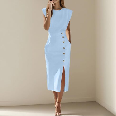 Women's Formal Dresses Fashion Dressy Business Casual Work Cap Sleeve Crewneck Side Slit Maxi Dress with Pockets in Kuwait