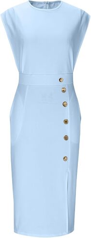 Women's Formal Dresses Fashion Dressy Business Casual Work Cap Sleeve Crewneck Side Slit Maxi Dress with Pockets in Kuwait