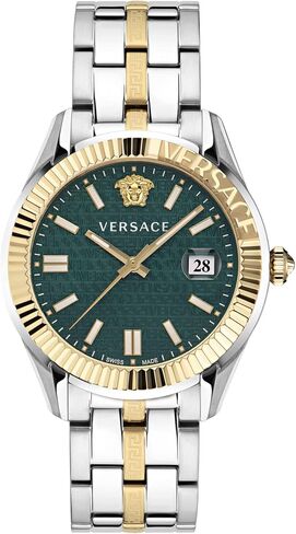 Versace Greca Time Collection Luxury Mens Watch Timepieces with a Two Tone Bracelet and Case Featuring a Green Dial in Saudi Arabia