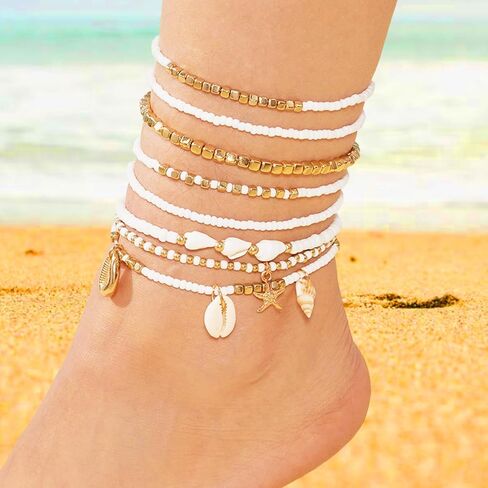 Waeceip Beach Ankle Bracelets For Women Summer Boho Anklets For Women Seashell Beaded Anklets Summer Jewelry Beach Vacation Accessories in Kuwait