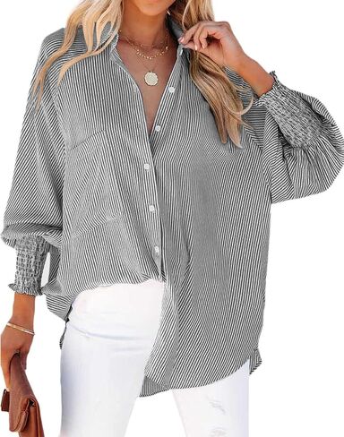 Womens Striped Button Down Shirts Smocked Puff Sleeve Boyfriend Blouse Collar Oversized Work Tops with Pocket in Saudi Arabia