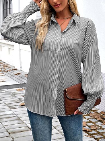Womens Striped Button Down Shirts Smocked Puff Sleeve Boyfriend Blouse Collar Oversized Work Tops with Pocket in Saudi Arabia