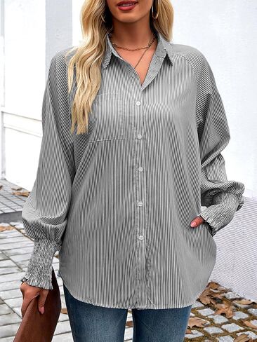 Womens Striped Button Down Shirts Smocked Puff Sleeve Boyfriend Blouse Collar Oversized Work Tops with Pocket in Saudi Arabia