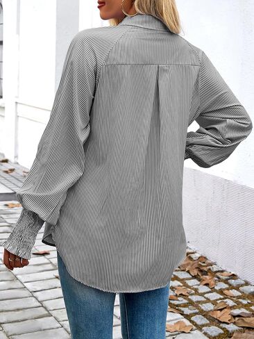 Womens Striped Button Down Shirts Smocked Puff Sleeve Boyfriend Blouse Collar Oversized Work Tops with Pocket in Saudi Arabia