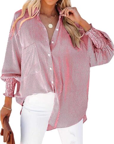 Womens Striped Button Down Shirts Smocked Puff Sleeve Boyfriend Blouse Collar Oversized Work Tops with Pocket in Saudi Arabia