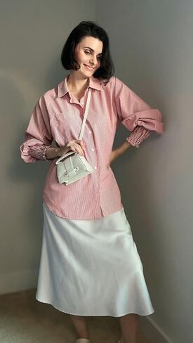 Womens Striped Button Down Shirts Smocked Puff Sleeve Boyfriend Blouse Collar Oversized Work Tops with Pocket in Saudi Arabia