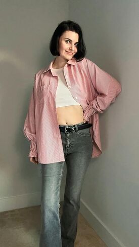 Womens Striped Button Down Shirts Smocked Puff Sleeve Boyfriend Blouse Collar Oversized Work Tops with Pocket in Saudi Arabia