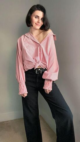 Womens Striped Button Down Shirts Smocked Puff Sleeve Boyfriend Blouse Collar Oversized Work Tops with Pocket in Saudi Arabia