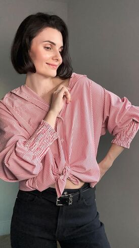 Womens Striped Button Down Shirts Smocked Puff Sleeve Boyfriend Blouse Collar Oversized Work Tops with Pocket in Saudi Arabia