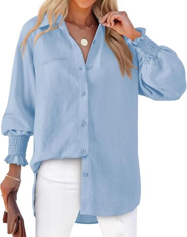 Womens Striped Button Down Shirts Smocked Puff Sleeve Boyfriend Blouse Collar Oversized Work Tops with Pocket in Saudi Arabia