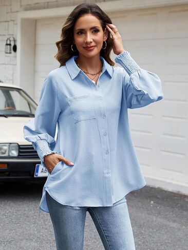 Womens Striped Button Down Shirts Smocked Puff Sleeve Boyfriend Blouse Collar Oversized Work Tops with Pocket in Saudi Arabia