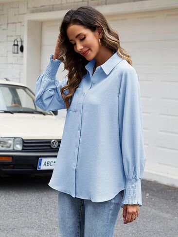 Womens Striped Button Down Shirts Smocked Puff Sleeve Boyfriend Blouse Collar Oversized Work Tops with Pocket in Saudi Arabia