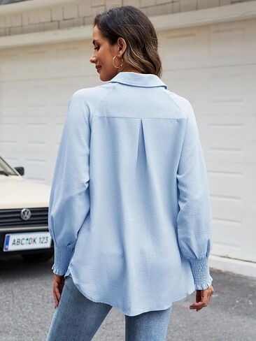 Womens Striped Button Down Shirts Smocked Puff Sleeve Boyfriend Blouse Collar Oversized Work Tops with Pocket in Saudi Arabia