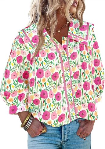 Cicy Bell Womens Floral Button Down Shirts Trendy Casual 3/4 Lantern Sleeve Blouse Square Neck Collared Tops in Saudi Arabia