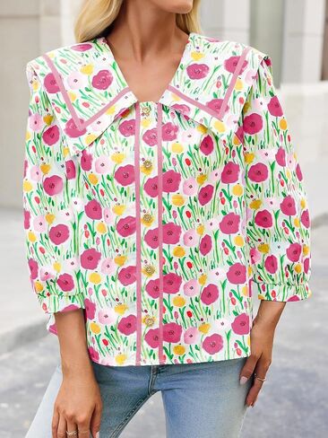 Cicy Bell Womens Floral Button Down Shirts Trendy Casual 3/4 Lantern Sleeve Blouse Square Neck Collared Tops in Saudi Arabia