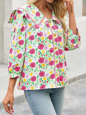 Cicy Bell Womens Floral Button Down Shirts Trendy Casual 3/4 Lantern Sleeve Blouse Square Neck Collared Tops in Saudi Arabia