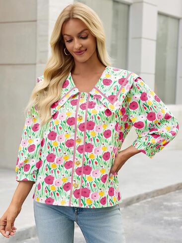 Cicy Bell Womens Floral Button Down Shirts Trendy Casual 3/4 Lantern Sleeve Blouse Square Neck Collared Tops in Saudi Arabia