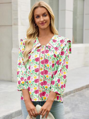 Cicy Bell Womens Floral Button Down Shirts Trendy Casual 3/4 Lantern Sleeve Blouse Square Neck Collared Tops in Saudi Arabia