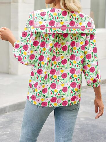 Cicy Bell Womens Floral Button Down Shirts Trendy Casual 3/4 Lantern Sleeve Blouse Square Neck Collared Tops in Saudi Arabia