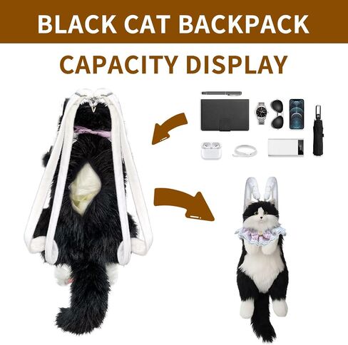 Cat Shaped Backpack - Handcrafted Stuffed Animals Bag, Cat Plush Bag with Adjustable Shoulder, Crossbody, Backpack Straps (Black) in Saudi Arabia