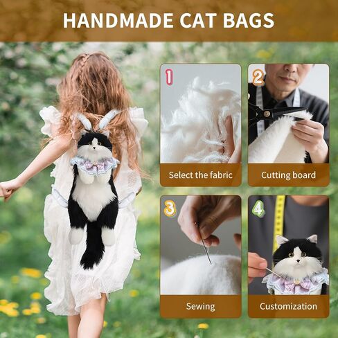 Cat Shaped Backpack - Handcrafted Stuffed Animals Bag, Cat Plush Bag with Adjustable Shoulder, Crossbody, Backpack Straps (Black) in Saudi Arabia