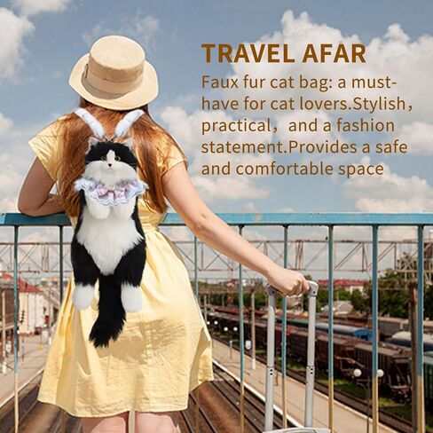 Cat Shaped Backpack - Handcrafted Stuffed Animals Bag, Cat Plush Bag with Adjustable Shoulder, Crossbody, Backpack Straps (Black) in Saudi Arabia