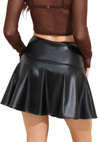 تنورة جلدية صغيرة مطوية باللون الأسود للسيدات من YYA - تنورة قصيرة من الجلد قابلة للتمدد بخصر عالٍ للنساء ملابس كاجوال وحفلات S-XXL in Kuwait