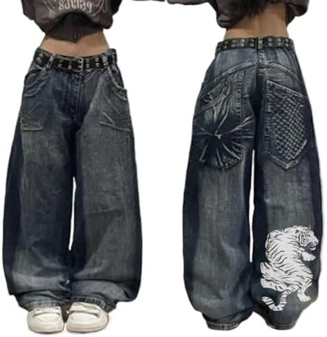 Unisex Y2K Hip Hop Street Jeans with Skeleton Print, Gothic Baggy Jeans, Vintage High Waist Denim, Wide Leg Pants in Kuwait
