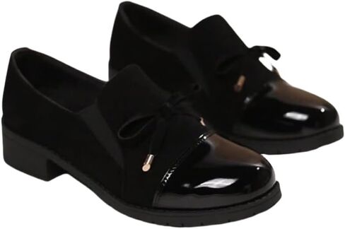 Women's Retro Bowknot Loafers - Breathable Slip-On with Chunky Heel, Black Cover & Cover Upper, Comfortable All-Season Nurse, Round Toe Design, Everyday | Retro Style Loafers in Saudi Arabia