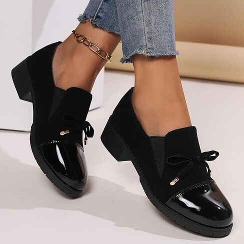 Women's Retro Bowknot Loafers - Breathable Slip-On with Chunky Heel, Black Cover & Cover Upper, Comfortable All-Season Nurse, Round Toe Design, Everyday | Retro Style Loafers in Saudi Arabia