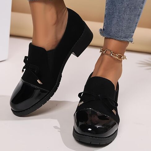 Women's Retro Bowknot Loafers - Breathable Slip-On with Chunky Heel, Black Cover & Cover Upper, Comfortable All-Season Nurse, Round Toe Design, Everyday | Retro Style Loafers in Saudi Arabia