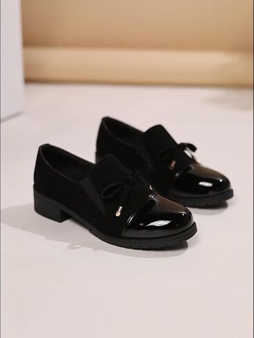 Women's Retro Bowknot Loafers - Breathable Slip-On with Chunky Heel, Black Cover & Cover Upper, Comfortable All-Season Nurse, Round Toe Design, Everyday | Retro Style Loafers in Saudi Arabia