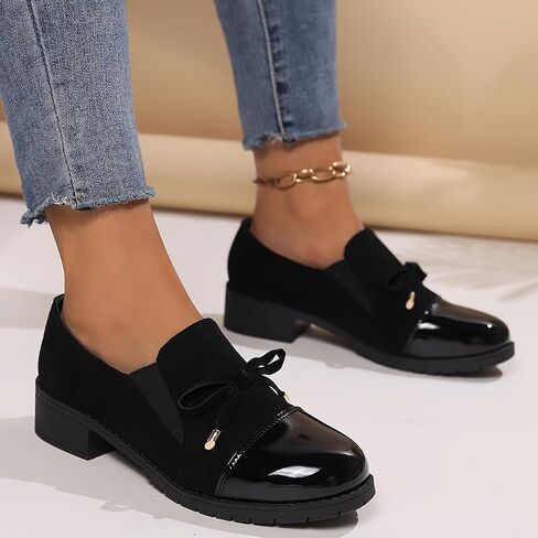 Women's Retro Bowknot Loafers - Breathable Slip-On with Chunky Heel, Black Cover & Cover Upper, Comfortable All-Season Nurse, Round Toe Design, Everyday | Retro Style Loafers in Saudi Arabia
