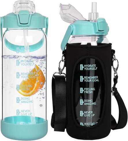 64 oz Glass Water Bottle with Straw and Time Marker, Half Gallon Large Motivational Borosilicate Glass Drinking Bottle with Silicone Boot and Sleeve in Saudi Arabia