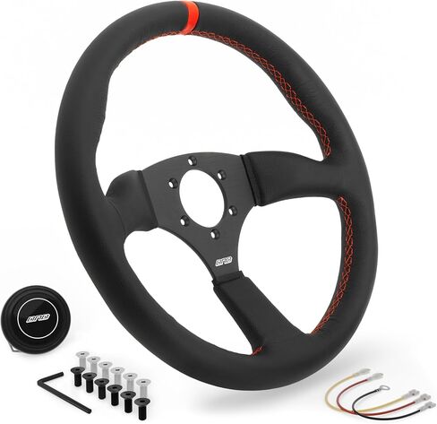 DND Performance Interior's Leather Touring Steering Wheel / 350mm Diameter and 50mm Depth / 6x70mm Bolt Pattern/DND Leather Steering Wheel with Horn Button Included (Colored Stitching) (Red) in Saudi Arabia