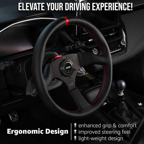 DND Performance Interior's Leather Touring Steering Wheel / 350mm Diameter and 50mm Depth / 6x70mm Bolt Pattern/DND Leather Steering Wheel with Horn Button Included (Colored Stitching) (Red) in Saudi Arabia