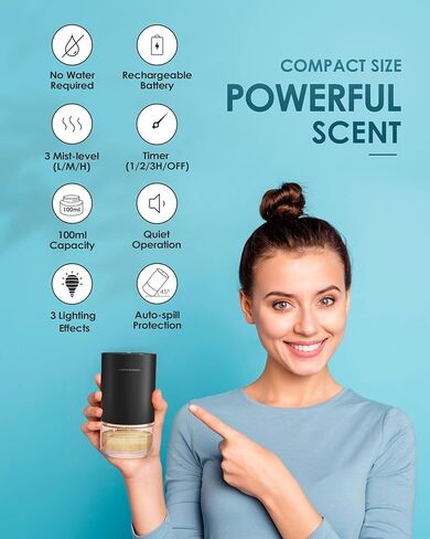 Waterless Diffuser Essential Oil 100ml Capacity Scent Air Machine for Home Aromatherapy Premium Metal Nebulizer Battery Operated 3 Mist Settings Timers Color Light AN5(Desert Titanium) in Saudi Arabia