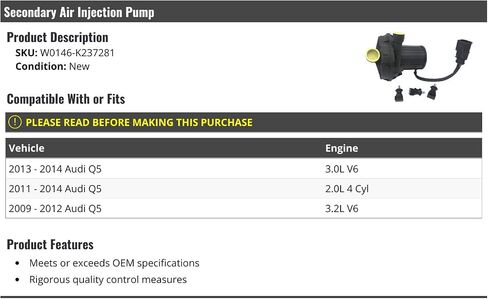Secondary Air Injection Smog Pump - Compatible with 2009-2014 Audi Q5 in Saudi Arabia