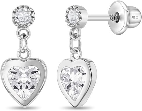 أقراط متدلية من الفضة الإسترليني عيار 925 على شكل قلب وردي تشيكوسلوفاكيا للفتيات مع ظهر لولبي آمن - أقراط للأطفال الصغار لا تسبب الحساسية للأطفال مع أحجار زركونيا مكعبة للفتيات الصغيرات in Kuwait