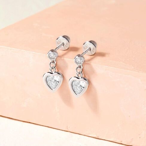 أقراط متدلية من الفضة الإسترليني عيار 925 على شكل قلب وردي تشيكوسلوفاكيا للفتيات مع ظهر لولبي آمن - أقراط للأطفال الصغار لا تسبب الحساسية للأطفال مع أحجار زركونيا مكعبة للفتيات الصغيرات in Kuwait