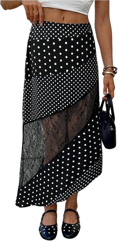 تنورة MakeMeChic النسائية للخريف متوسطة الطول تنورة مكشكشة غير متماثلة من الدانتيل بوهو منقوشة بالورود in Kuwait