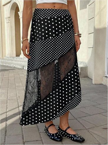 تنورة MakeMeChic النسائية للخريف متوسطة الطول تنورة مكشكشة غير متماثلة من الدانتيل بوهو منقوشة بالورود in Kuwait